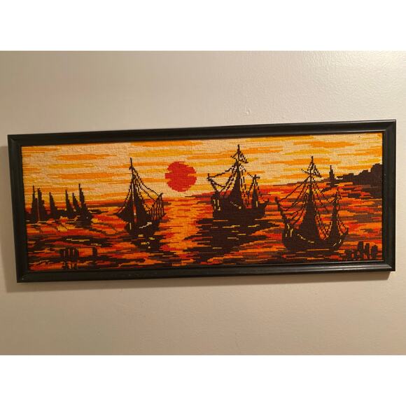 Vintage Framed Needlepoint Art 70s Handmade Oblong yellow Orange Coastal Water - Picture 1 of 5